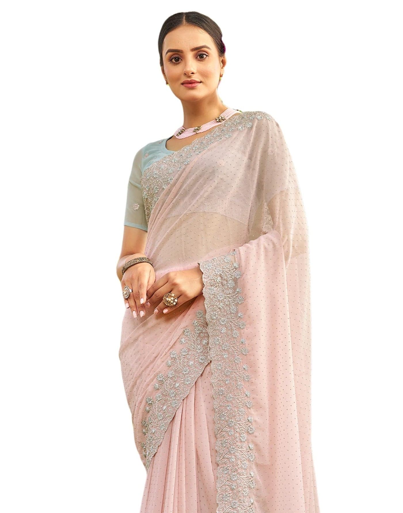 SIRIL Women's Georgette Saree | Sari for Women | Embroidery & Zari Work Sarees With Unstitched Blouse Piece (3647S349A_Dust Peach)