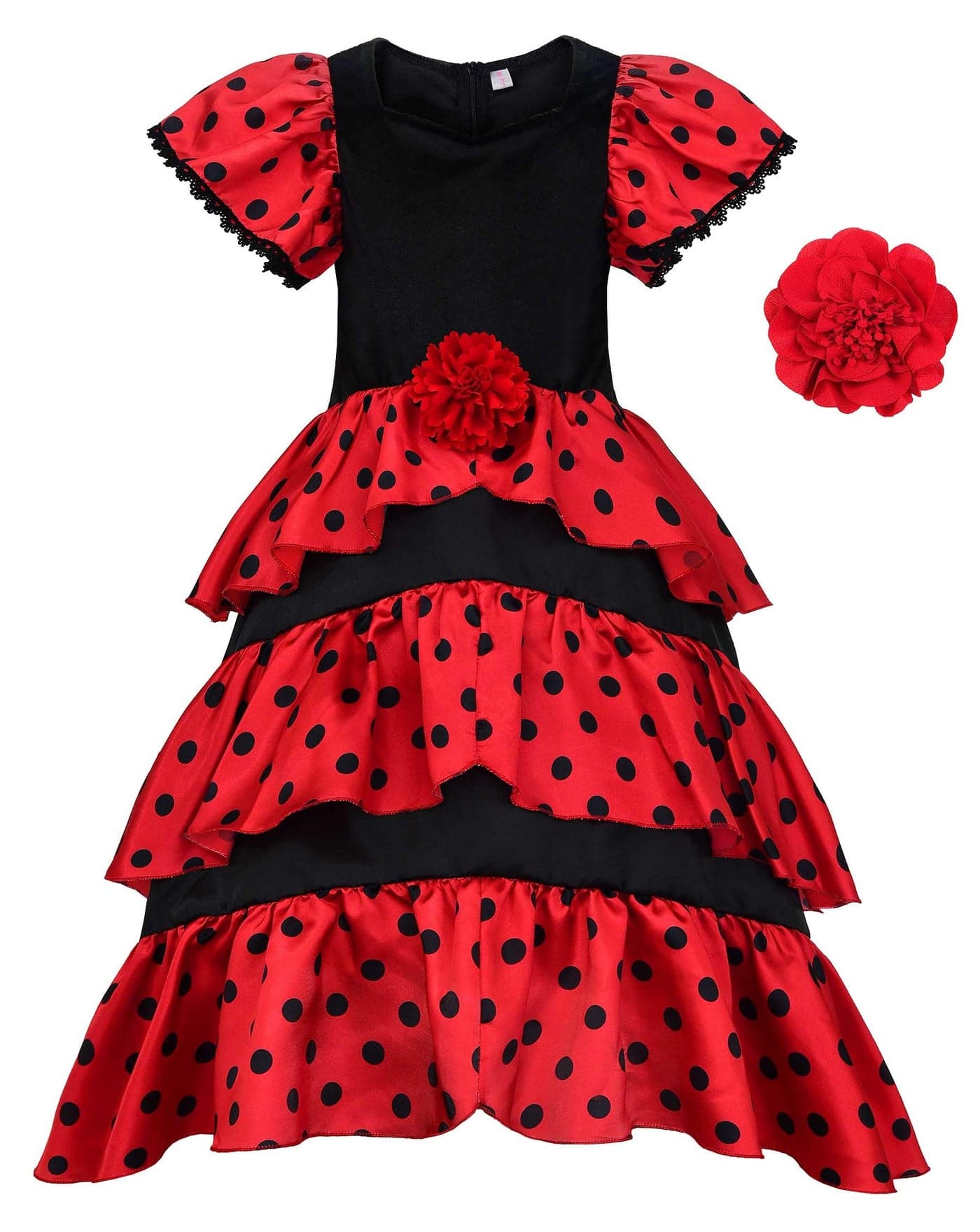 ReliBeauty Girls Flamenco Costume Spanish Dancer Skirt Kids Halloween Fancy Dress with Red Flower 67130