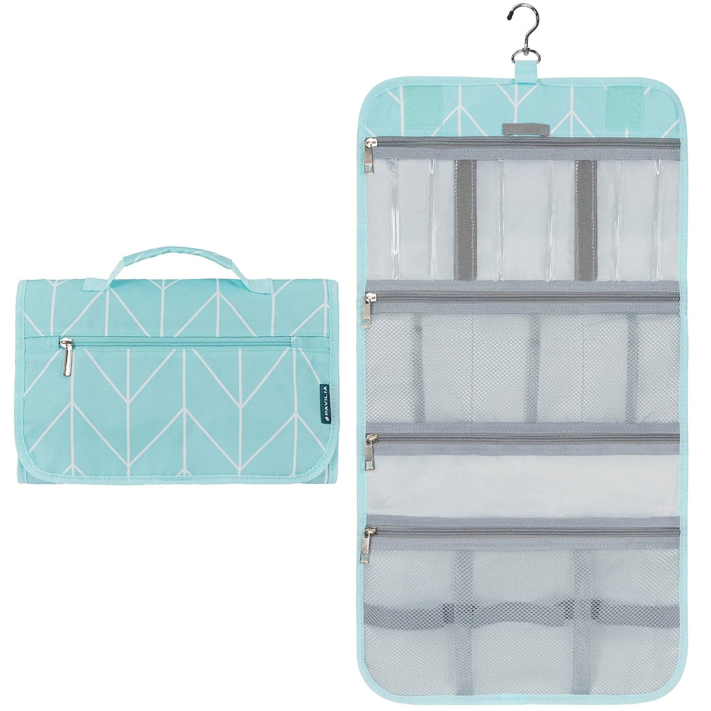 PAVILIA Hanging Toiletry Bag Women Men, Travel Kit Foldable Large Toiletries Organizer, Roll up Cosmetics Makeup Bag Accessories, Waterproof Essentials Jewelry Case (Teal Chevron)