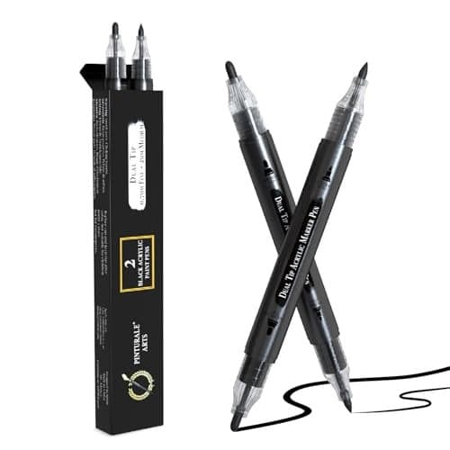 Pinturale Arts Black Acrylic Paint Pen Set 2 Black Acrylic Paint Marker Dual Tip Fine 07mm and Medium 3mm For Ceramics Rock Painting Glass Wood Canvas Metal