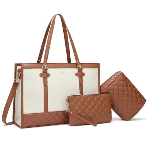 Keyli 3pcs Laptop Bag for Women,15.6 Inch Canvas+Leather Laptop Tote Bag Work Bags Large Capacity Business Computer Briefcase Casual College Shoulder Handbag Crossbody Purse for Travel Teacher Khaki
