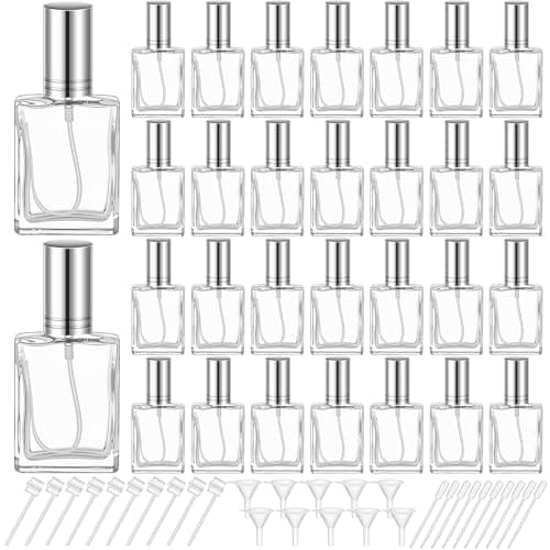 Domensi 30 Pcs 10/15/30/50 ml Glass Perfume Bottles Mini Glass Empty Spray Atomizer Bottles Bulk Refillable Perfume Dispenser Container with Pump Tool for Travel Skin Care (15 ml,Silver)