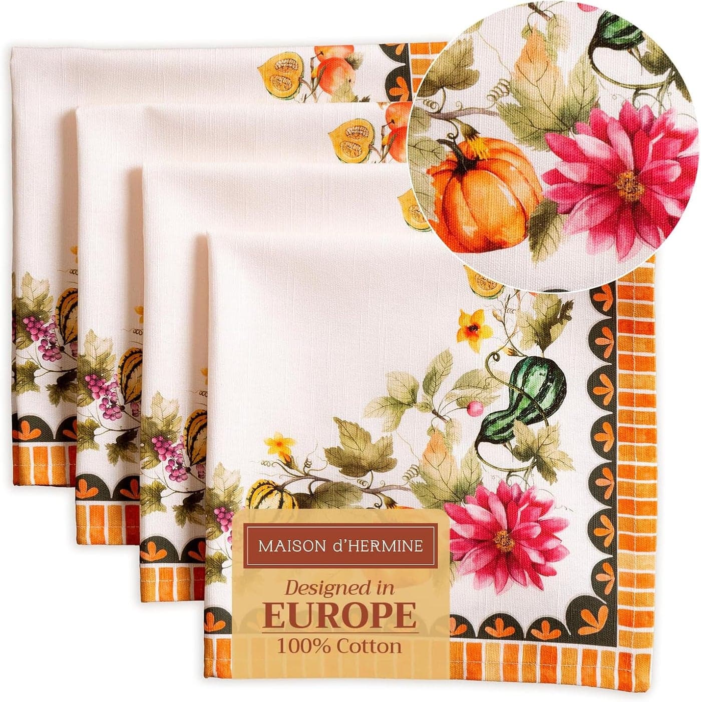 Maison d Hermine Cloth Napkins Set of 4 100 Cotton Everyday Reusable Square Napkins Cloth Washable Dinner Party Wedding Restaurant Pumpkin Garden Cloudy Cream 20 x 20