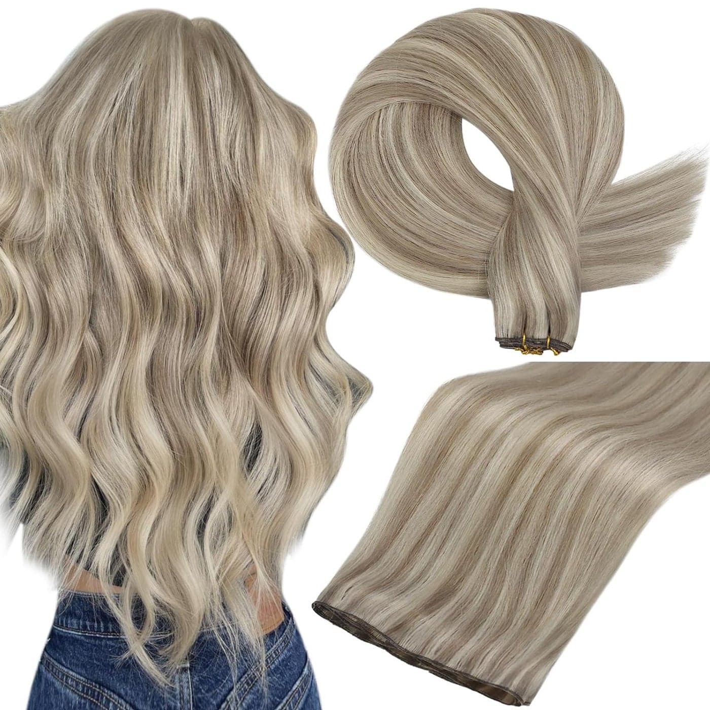 Full Shine 22 Inch Human Hair Weft Sew In Hair Extensions Real Human Hair Hand Tied Hair Extensions Straight Remy Hair For Women Color Ash Blonde Highlight Bleach Blonde Bundles Human Hair 60G