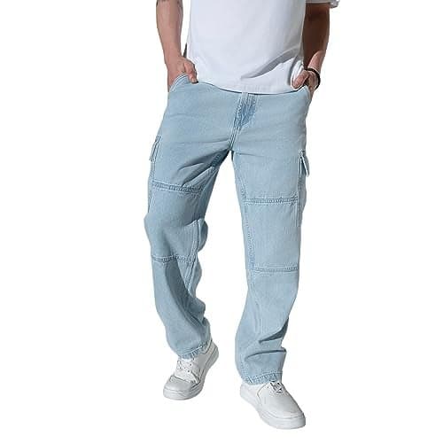Hubberholme Men's Loose Fit Cargo Jeans (Light Blue, 34)