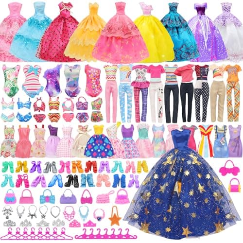 Ecore Fun 101 Pcs Doll Clothes and Accessories Set for 115 Inch Dolls 5 Wedding Gowns 12 Fashion Dresses 2 Tops 2 Pants 2 Swimsuits 10 Shoes and Other Accessories Dress up Toys for Girls Kids