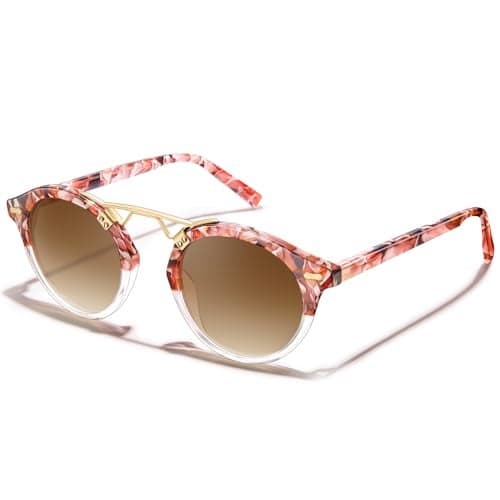 CARFIA Small Acetate Polarized Sunglasses for Women UV Protection, Retro Double Bridge Eyewear Metal Brow Round Sunnies