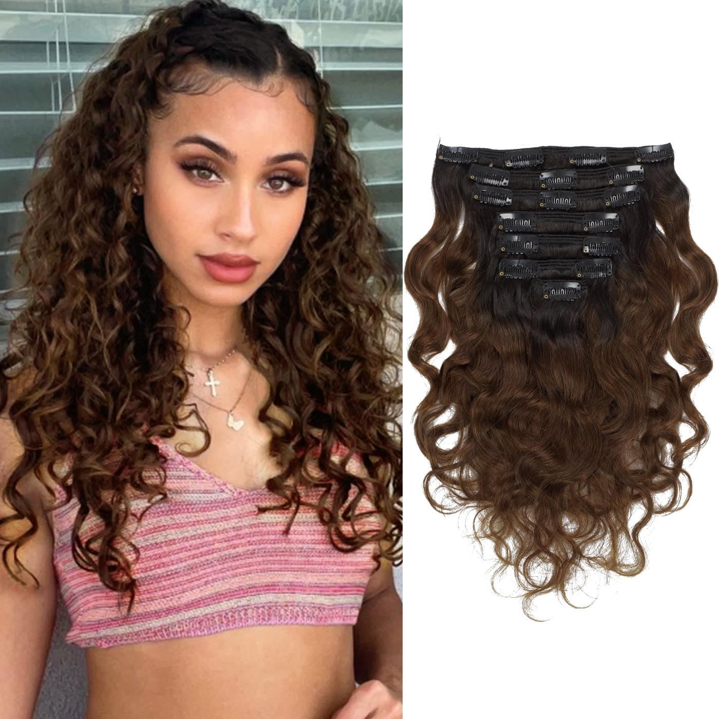 Loxxy Clip in Human Hair Extensions 14inch Natural Wave and Natural Color Virgin Remy Human Hair Extensions 1B4 Off Black to Dark Brown with Double Weft 120gset 7Pcslot And 17 Clips Per Pack