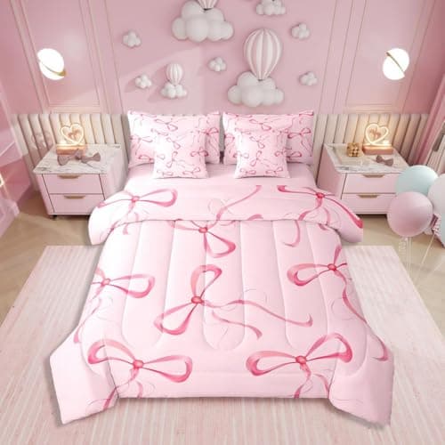 Erosebridal Pink Bow 7 Piece Bedding Set Twin Cute Kawaii Bow Comforter Set with Sheets for Girls Kids Teen Women,Dreamy Princess Bowknot Bed in A Bag Girly Coquette Ribbon Butterfly Knot Bed Set