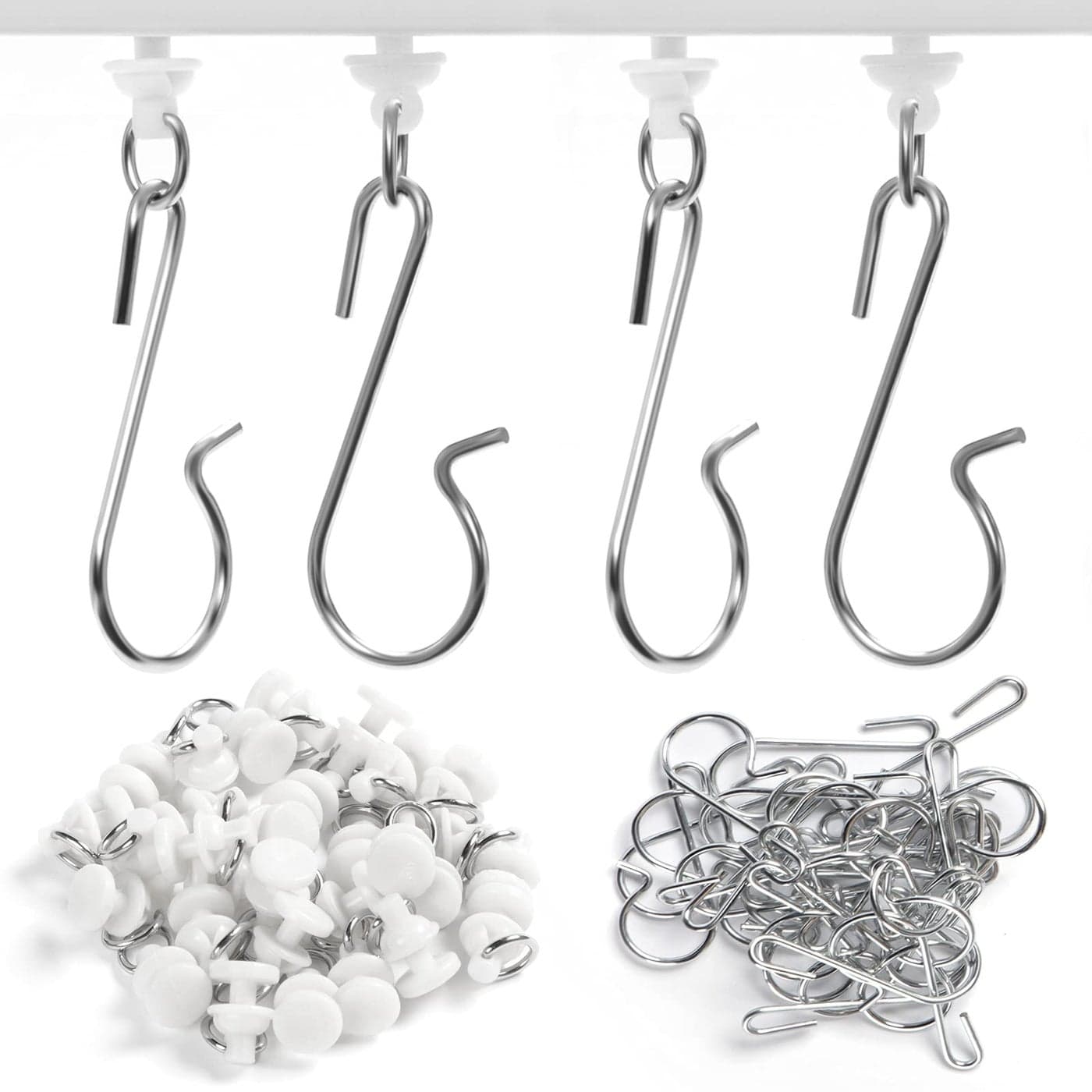 60 Pcs Shower Curtain Track Gliders Hooks Pack of 30 Pieces Hooks and 30 Pieces Gliders for Rails and TracksWhiteClassic Style