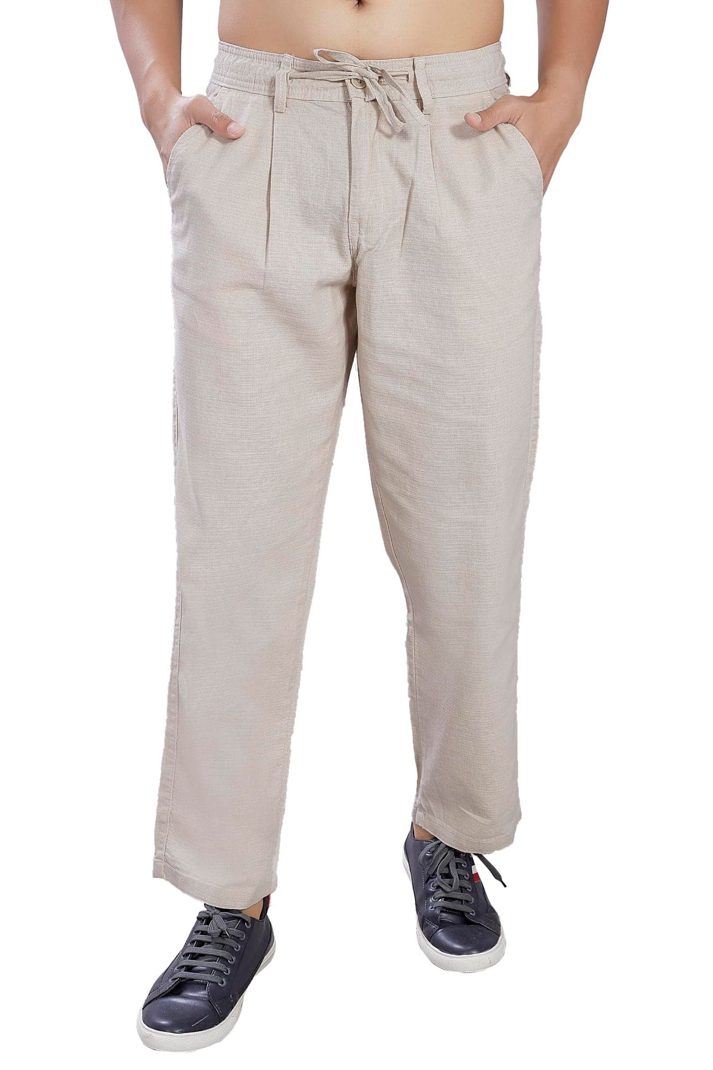 DIVISIVE Men's Relaxed Fit Front Pleated Cotton Linen Blend Trousers (DPT38_28_Ecru)