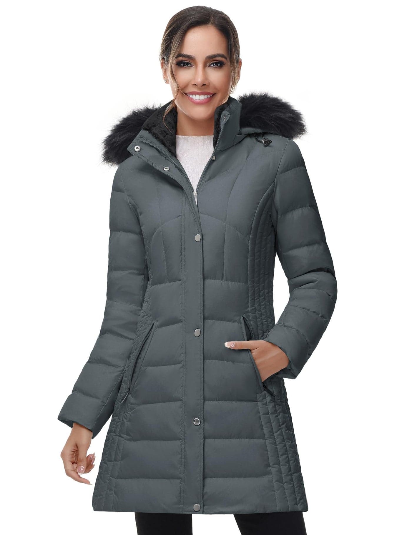SLOW DOWN Women Winter Down Puffer Coat Warm Hooded MidLength Down Jacket for Women with Faux Fur Trim Hood and Pile CollarDeep GreyL