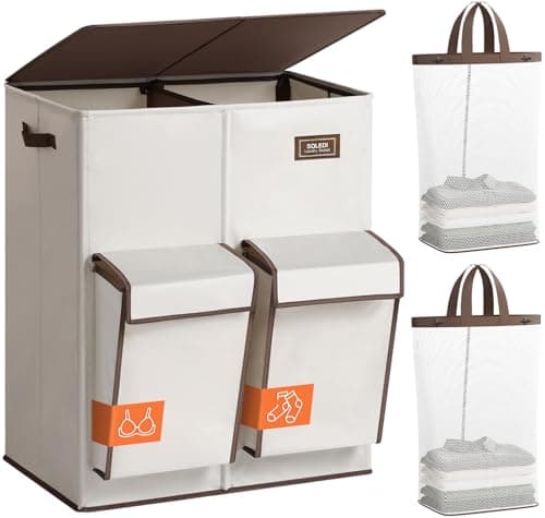 SOLEDI Double Laundry Hamper with Lid, 47.8 Gal (180L) Large Laundr Basket 2 Section with 2 Side Pockets, Dirty Clothes Hamper with Removable Bag, Easy to Carry for Laundry Room, Bedroom, Grey