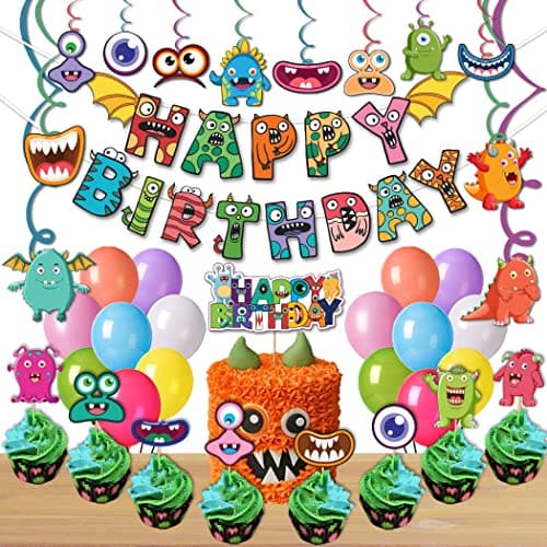 Festiko®59 Pcs Monster Birthday Party Decorations,Happy Birthday Decoration, Monster Theme Decoration for Kids Boys Adults Party Supplies Combo Banner,Swirls,Cake Topper,Cup Cake Toppers,Balloons