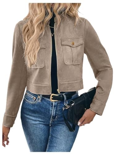 Verdusa Womens Zip Up Crop Spring Jackets Faux Suede Long Sleeve Motorcycle Cargo Jacket with Pockets Apricot Large