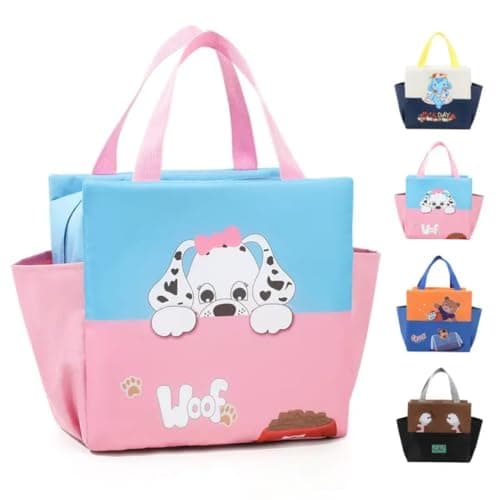 CoolKraft Polyester Insulated Lunch Bag, for School Girls & Boys, Large Animal Print Two Colour Tone - 25x25x14cm (Woof Pink & Blue), 3 L