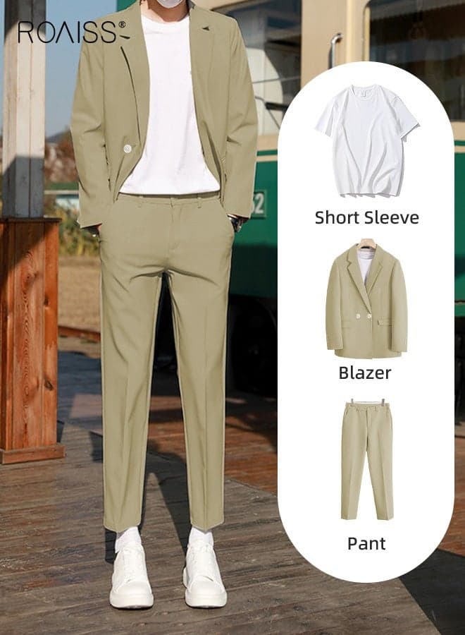 Mens Suits 3 Piece Regular Slim Fit Leisure Suit for Men with Double Breasted 1 Button Notched Neck Business Casual Formal Blazers T Shirt and Trouser Set Beige