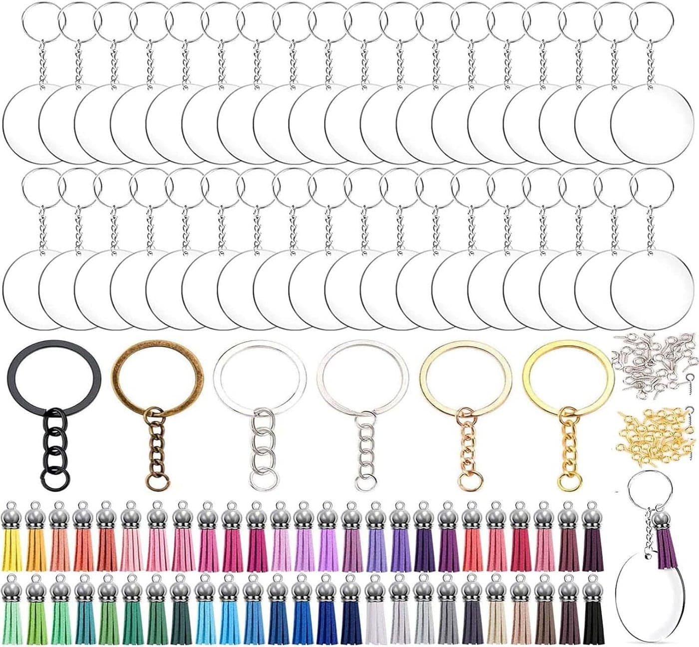 DIY Crafts 18 Pcs, K C Gold, Acrylic Keychain Blank Tassel Set Including Acrylic Circle Disc Ornament Blanks Key Rings with Chain Jump Rings Keychain Tassels Screw(18 Pcs, K C Gold)