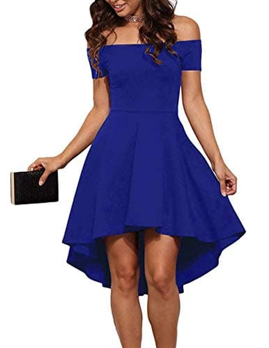 Sarin Mathews Women Off The Shoulder Short Sleeve High Low Cocktail Skater Dress RoyalBlue M