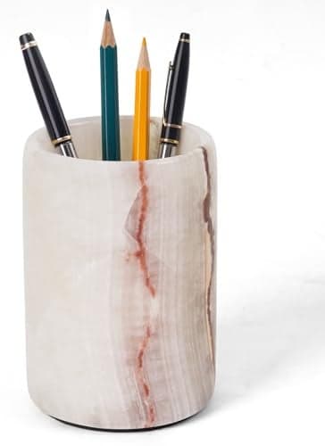 Radicaln Marble Pen Holder For Desk 4 Inches White Onyx Handmade Makeup Brush Cup for Girls Bathroom Tumbler Cup Durable Office Home Organizer Pencil Holder