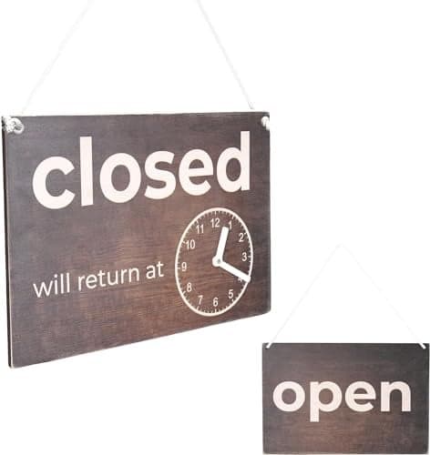Double-Sided Open Sign with Clock - Rustic Wooden Open Closed Sign with Will Return Clock for Business, Vintage Wood, Decorative, for Door and Window, 12 х 8 Inches
