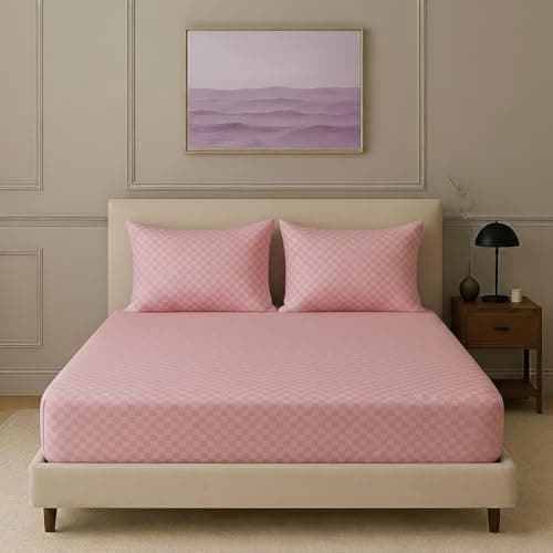 Trance Home Linen 300Tc Jacquard Weave Fitted Bedsheet with 2 Pillow Cover-Skin Friendly,Premium 100% Cotton Solid(75 X 60 Inches|Dusty Rose),Queen