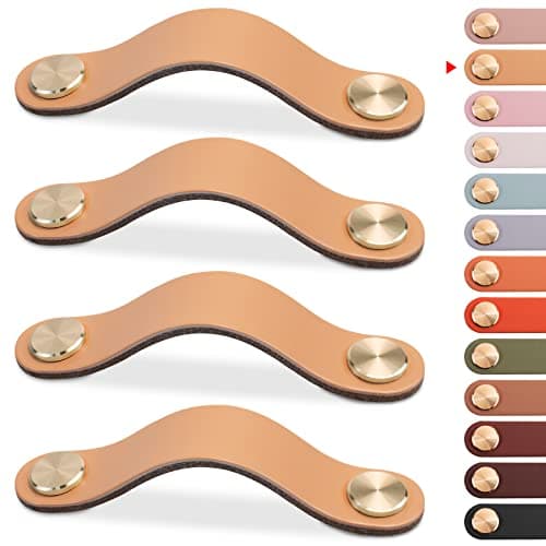 LEREATI 4 Pack Leather Drawer Pulls Green Cabinet Handles 6.3 inch Dresser Knobs Cabinet Door Handle, Faux Leather Pulls for Dresser, Closet, Kitchen Cupboard (6.3in Hole Center, Beige)
