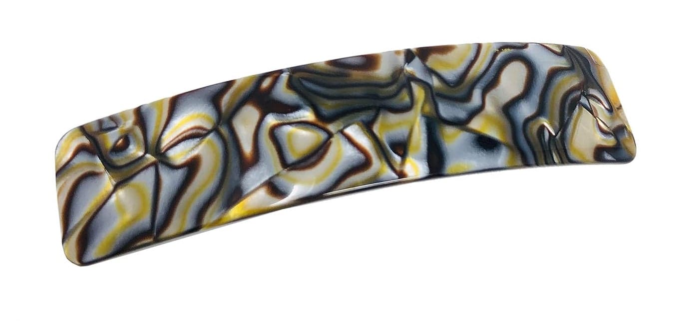 French Amie Long Rectangle Onyx Silver Grey Celluloid Acetate Handmade Automatic Large Hair Clip Barrette Onyx Silver Grey