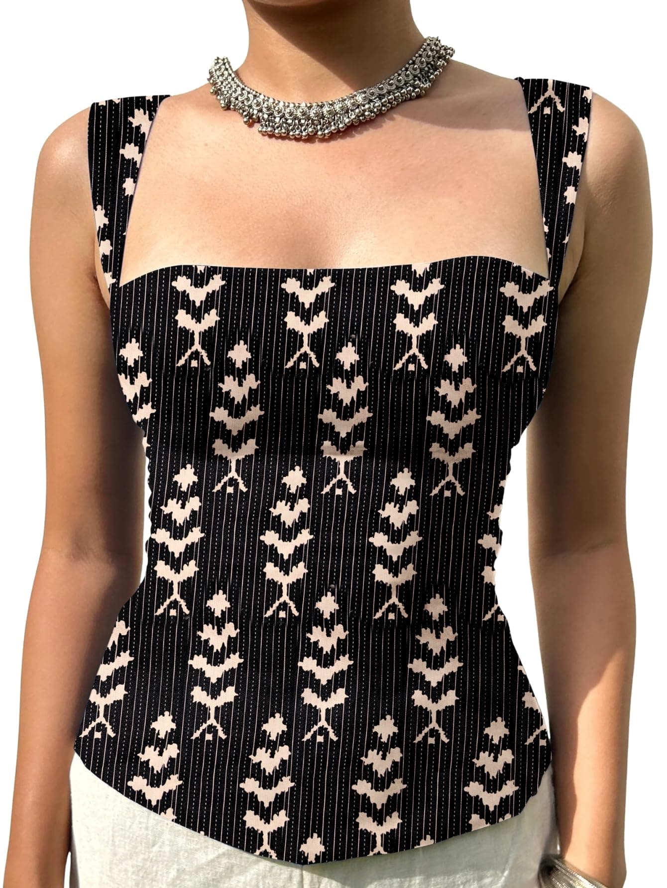 Aahwan Black Printed Square Neck Sleeveless Backless Short Indo-Western Ethnic Kurti Top for Women's & Girl's (357-Black-L)