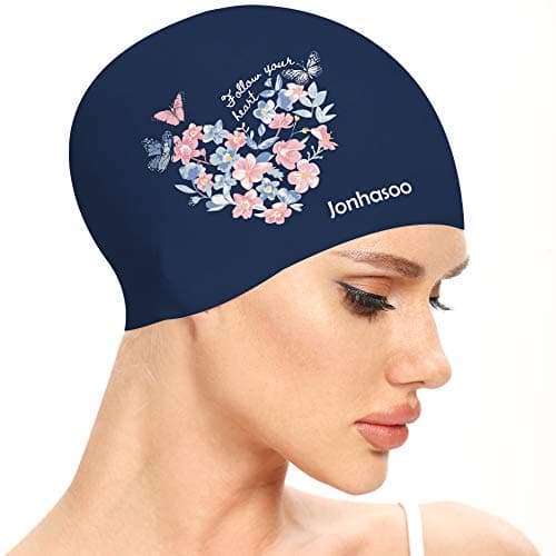 Jonhasoo Swim Cap Women, Silicone Swimming Cap for Long Hair with Leaf Printed