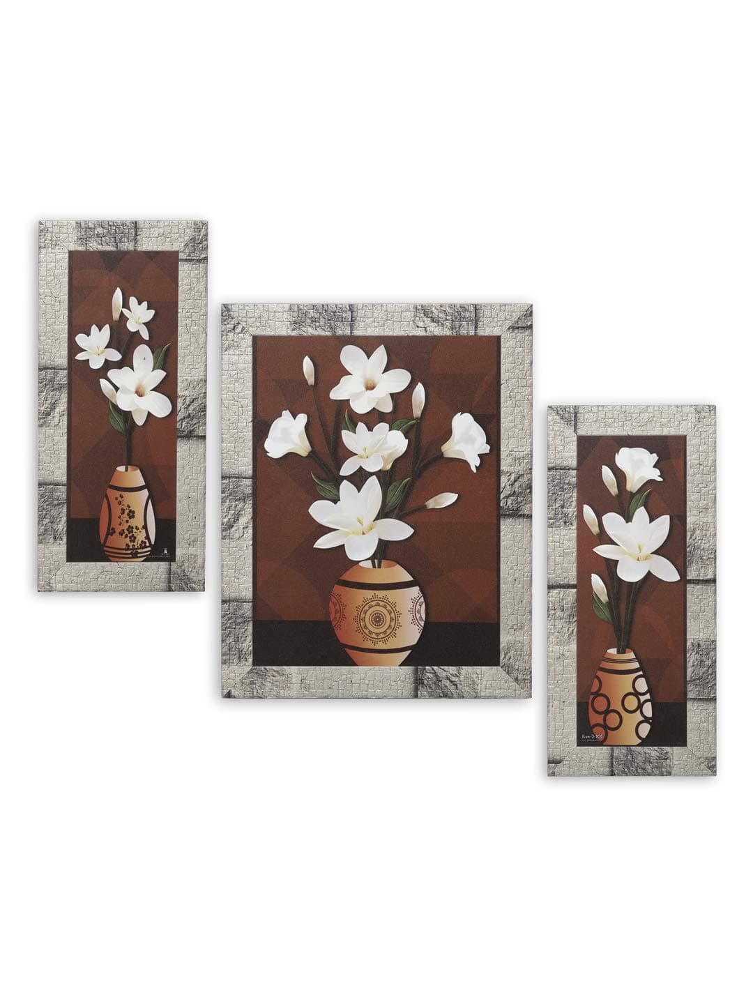 Indianara Set of 3 Flowers in Vases Paintings (2957) Without Glass 6 X 13, 10.2 X 13, 6 X 13 INCH
