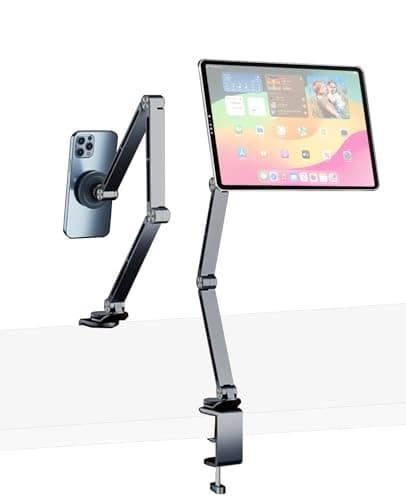 HIBORI Magnetic Tablet Stand for Desk Aluminum Alloy Phone iPad Desk Holder Overhead Arm Mount with 360°Rotate Base for Magsafe/iPhone/Android/iPad (Magnetic Gray)