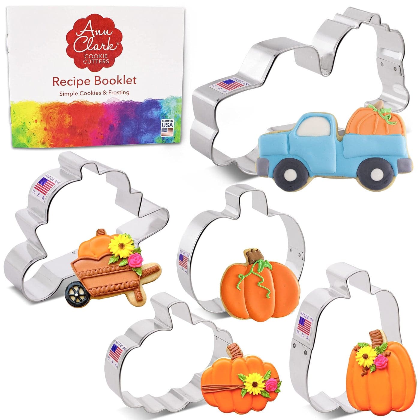 Ann Clark Pumpkin Cookie Cutters 5Piece Set Made in USA Truck Wheelbarrow JackoLantern Tall Pumpkin Gourd