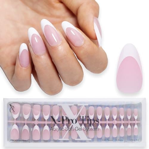 SXC Cosmetics French Tip Press On Nails Pink Medium Almond 150 Pieces in 15 Sizes Ultra Fit with Preapplied Tip Primer and Base Coat No Need to File Fake Nails for Nail Art DIY XPro Tips