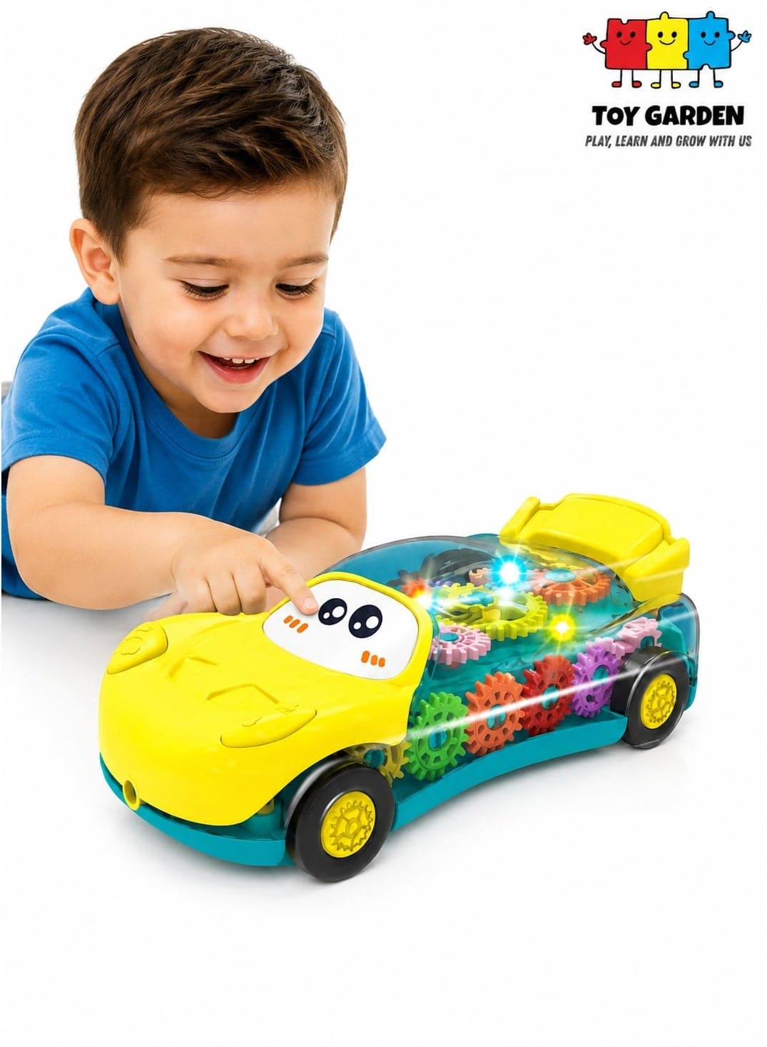 2-in-1 Transparent Gear Toy Car, Transparent Gear Toy Car for Kids with Colorful Flashing LED Lights, Moving Mechanical Gears and Cute Cartoon Face - Educational Light Up Vehicle Toy for Toddlers Boys and Girls (Yellow)