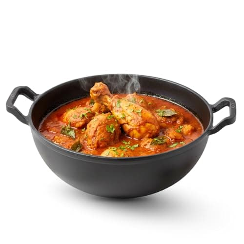Omichef Pre-Seasoned Cast Iron Kadai with Curved Handle | 25cm / 9.8 Inch, 3.2L (3.3kg) | Induction Friendly | Naturally Non-Stick, Pure & Toxin-Free | Heavy Cast Iron Kadhai No Chemical Coating