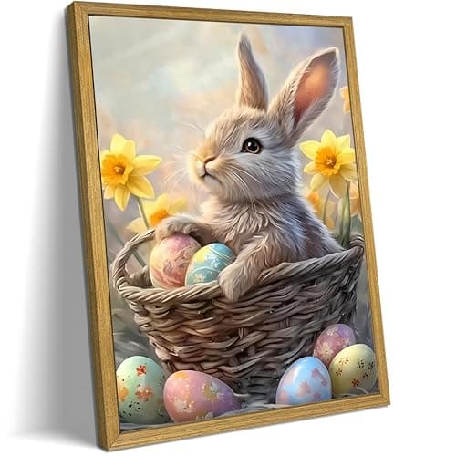 Easter Bunny Wall Art, Cute Rabbit Canvas Wall Decor Painting, Easter Eggs Poster Print Picture, Spring Farmhouse Animal Oil Painting for Living Room Bedroom Kitchen Holiday Home Decor 8x10 Inch Wood Framed