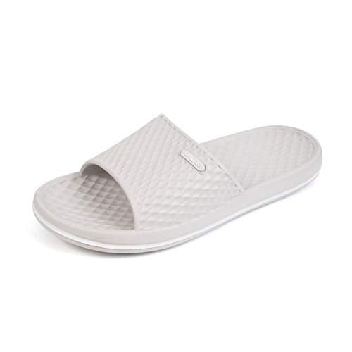 FUNKYMONKEY Women's Shower Slides - Non Slip Quick Drying Sandals for Women – Lightweight Pool Beach Bathroom Slippers Indoor Outdoor(11 M US, Lt Grey/FMB)