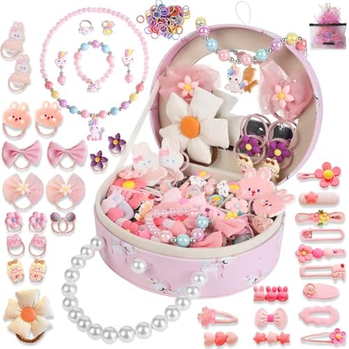 velachuan Princess Jewelry Box for Girls with Hair Accessories,Girls Hair Clips Bows Set, Fashion Hair Styling Kit with Mirror,Pink Sparkle Trinket Box Includes Hair Clips (Flower)