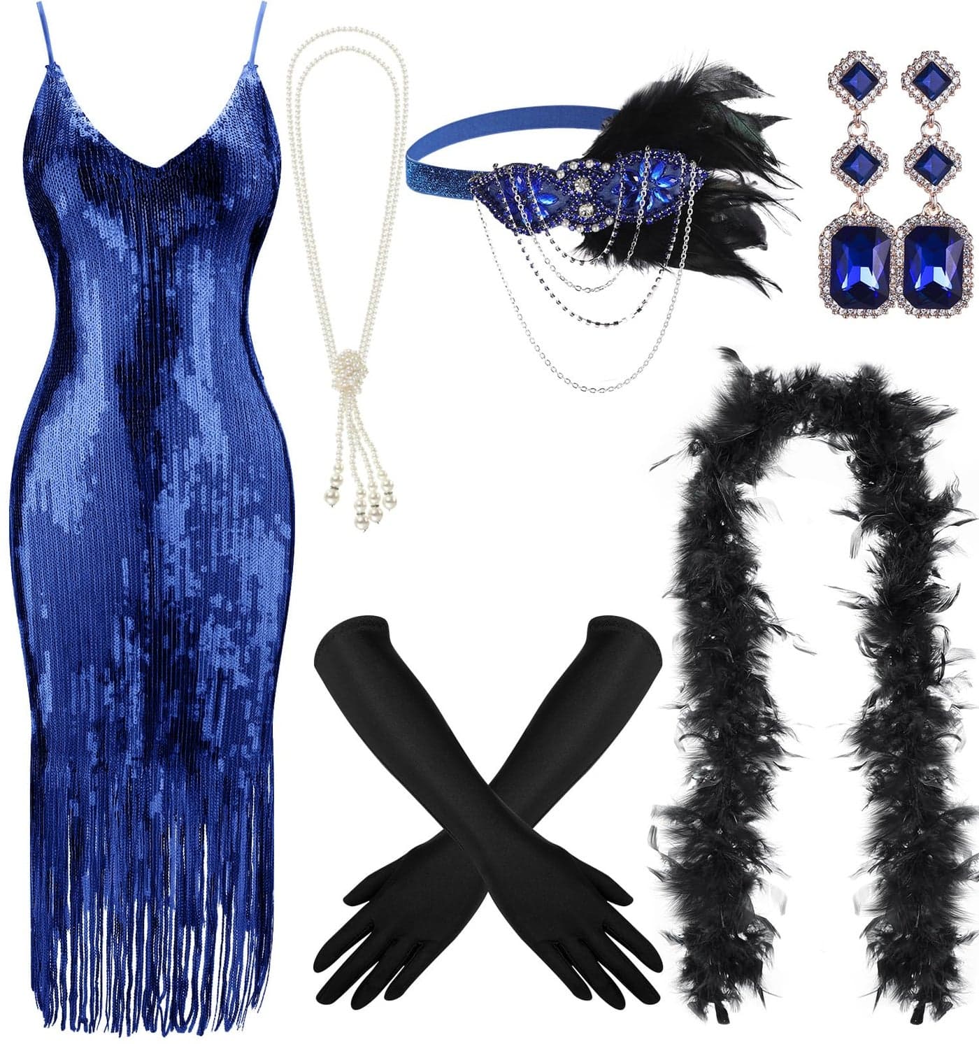 Tisancy 7 Pcs 1920s Women's Flapper Dress Sequin Dress Costume Headwear Earring Necklace Glove Stick Set and Long Feather Boa (Royal Blue,Medium)