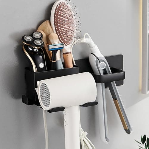 HOHOWU Hair Dryer Holder,Stainless Steel Wall Mounted Blow Dryer,Curling Iron,Straightener Holder Bathroom Metal Hair Tool Organizer Rack- Black
