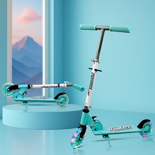 Kidsmate Super Metal Kick Scooter with LED Flashing Wheels | Fun Ride with 4 Level Height Adjustable & Anti-Slip Deck | Easy to Fold & Lightweight Kids Scooter for Boys & Girls 3+ Yrs - Sea Green