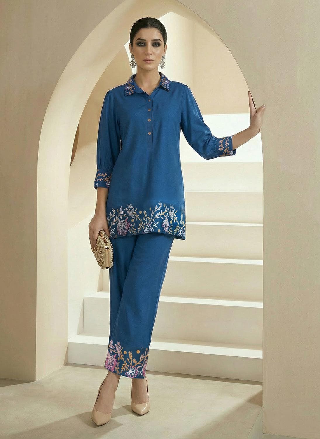 Globus Women's Blue Casual Co-Ord Set with Shirt Collar and Thread Work Detail