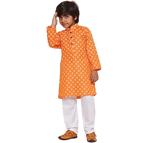 AJ DEZINES Kids Ethnic Wear Cotton Printed Orange Kurta Pyjama Set For Boys (Twister-K-3046-ORANGE-5)