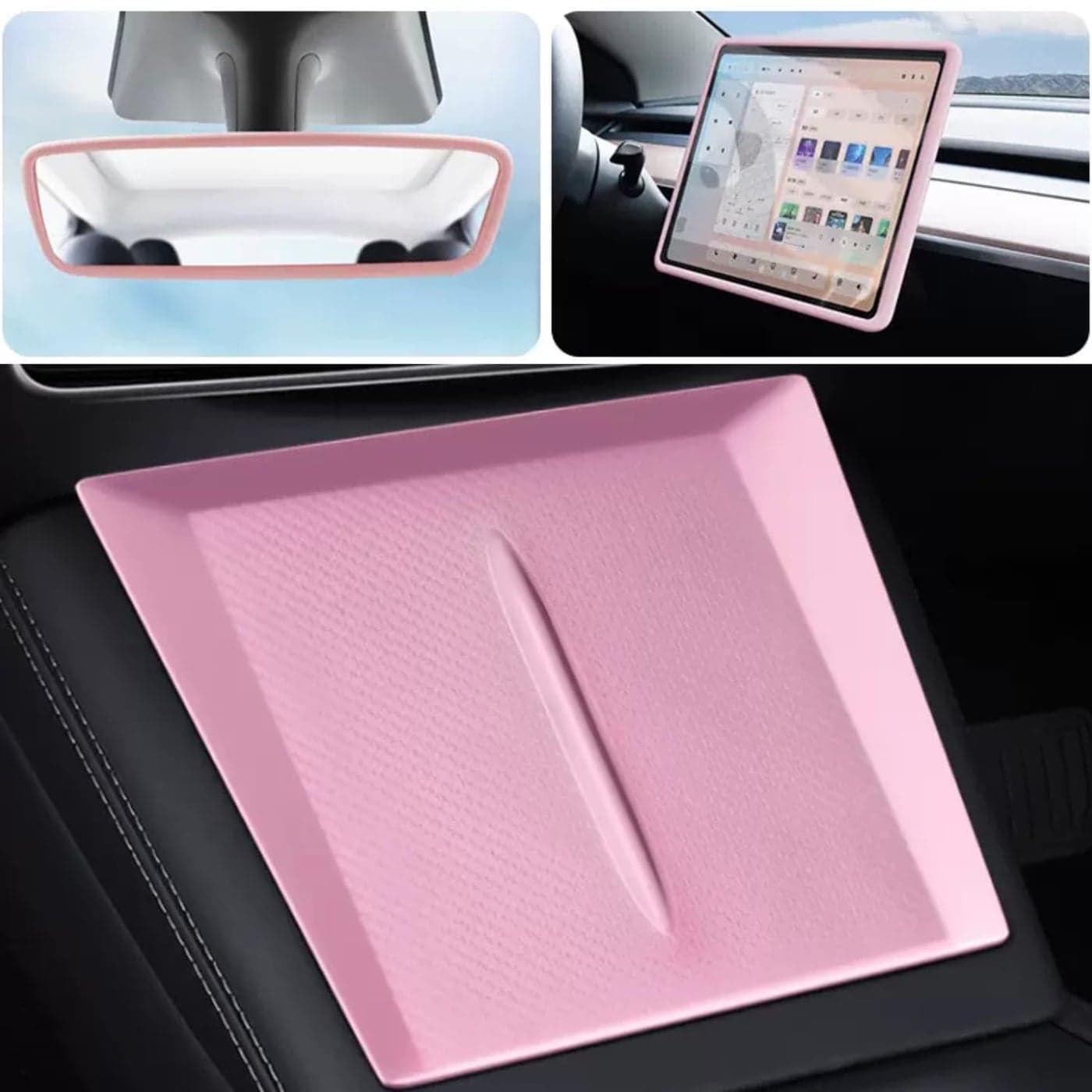 AILYBER 3 PCS Accessories for Tesla Model Y 2026 2025Juniper Model 3 2026 2025 2024 Screen Rear View Mirror Protect Frame Center Console Cover Mat for Phone Charging Area Silicone Pink