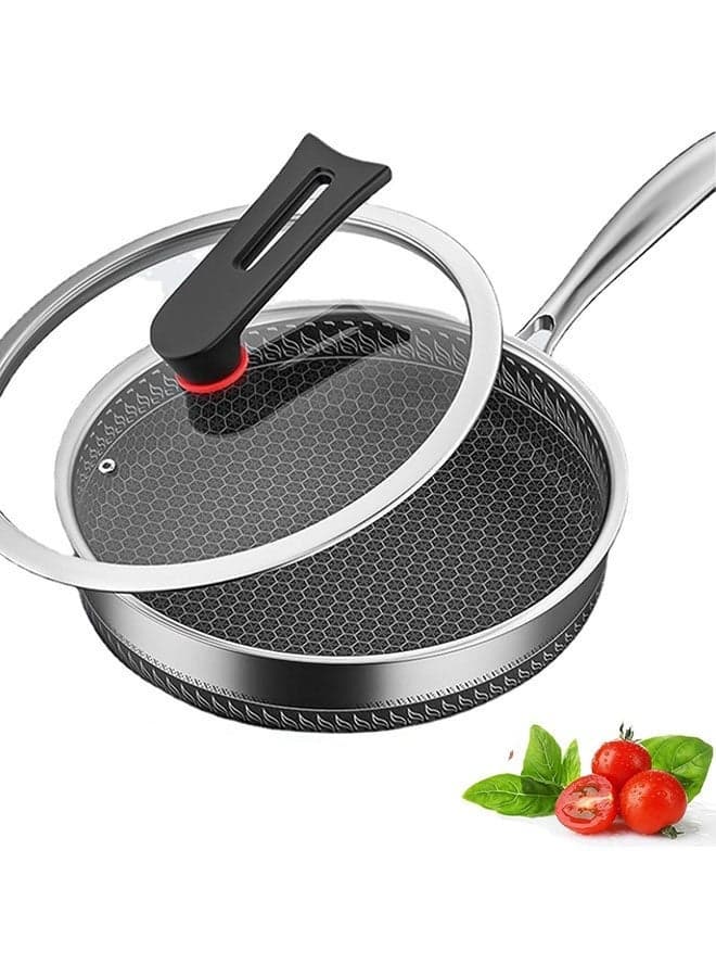 Stainless Steel Frying Pan Set, 30cm Nonstick Fry Pan with Honeycomb Carving, Stainless Steel Wok Pan with Glass Lid, Handle and Silicone Spatula, Induction Compatible and Dish Washer Safe