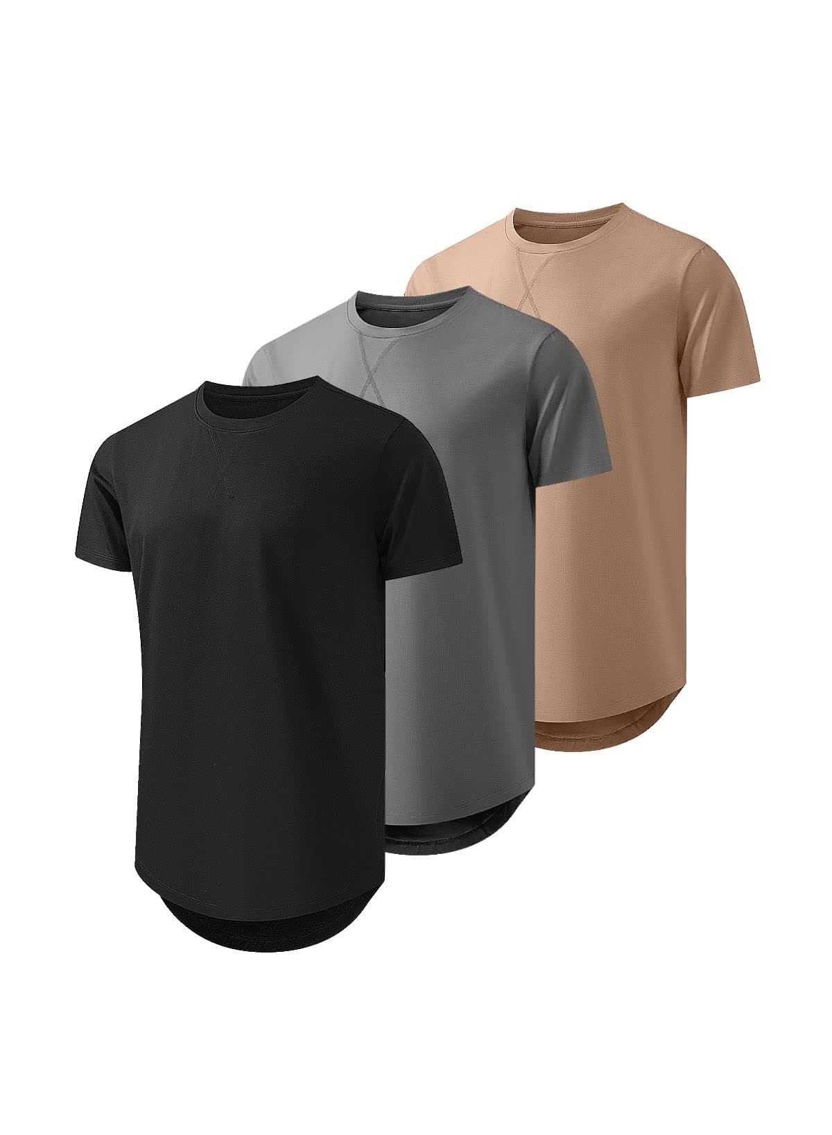 JMIERR Men's 3 Pack Cotton Hipster Hip Hop Longline Crewneck T-Shirt, Short Sleeve Gym Workout Athletic T Shirts for Men Pack,S, Black/Dark Grey/Khaki