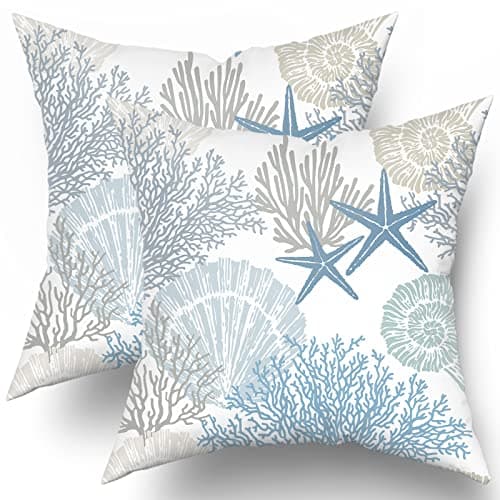 Sweetshow Nautical Coastal Throw Pillow Covers 18x18 Inch Summer Ocean Themed Seashell Coral Starfish Pillow Cases Set of 2 Soft Cotton Square Cushion Covers for Home Couch Sofa Patio Bedroom