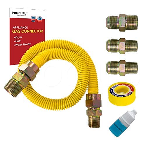 PROCURU 1/2" OD x 24" (2Ft) Universal Flexible Gas Connector Kit, SafeGuard Yellow-Coated Stainless Steel Gas Supply Pipe for Dryers, Bbq Grills, Water Heaters (Red-A1 Series)