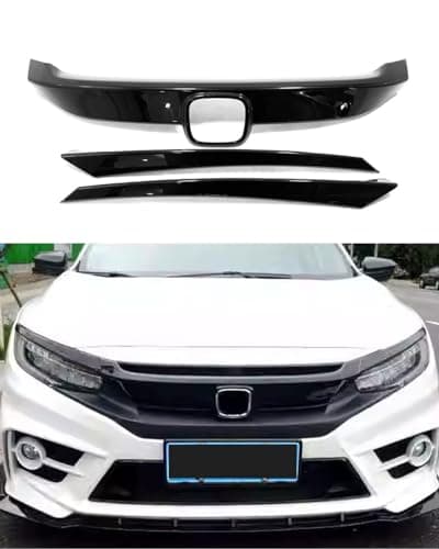 ANUNFRRE Car Accessories Fit for Honda Civic 10th Gen 20162021 ABS Exterior Front Grille Cover Moulding Trim Glossy Black 3PCS Set